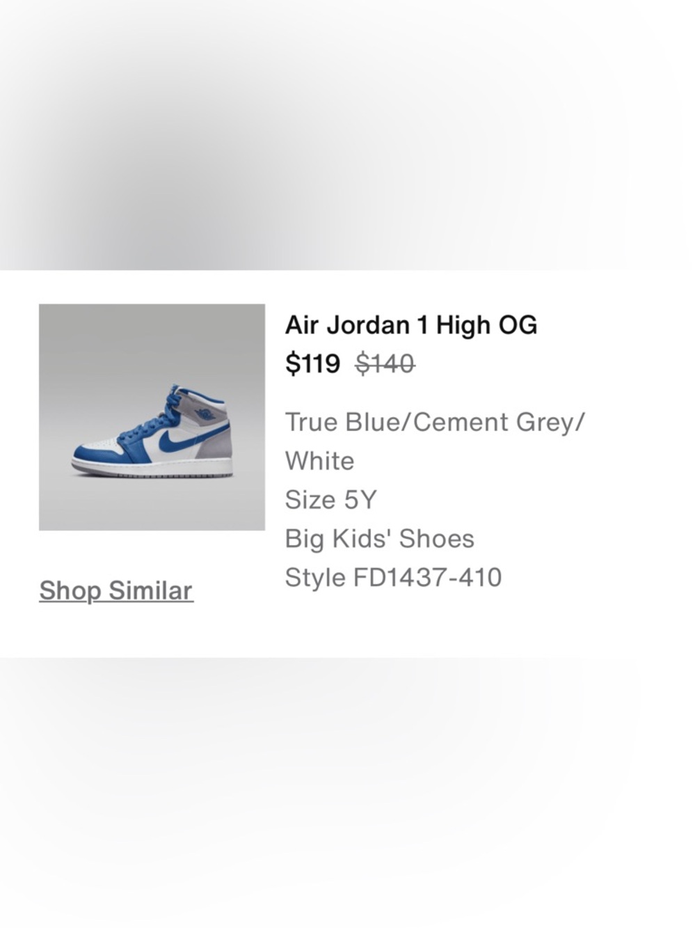 Nike Air Jordan 1 High OG True Blue White Cement Grey Size 5Y - Picture 7 of 10